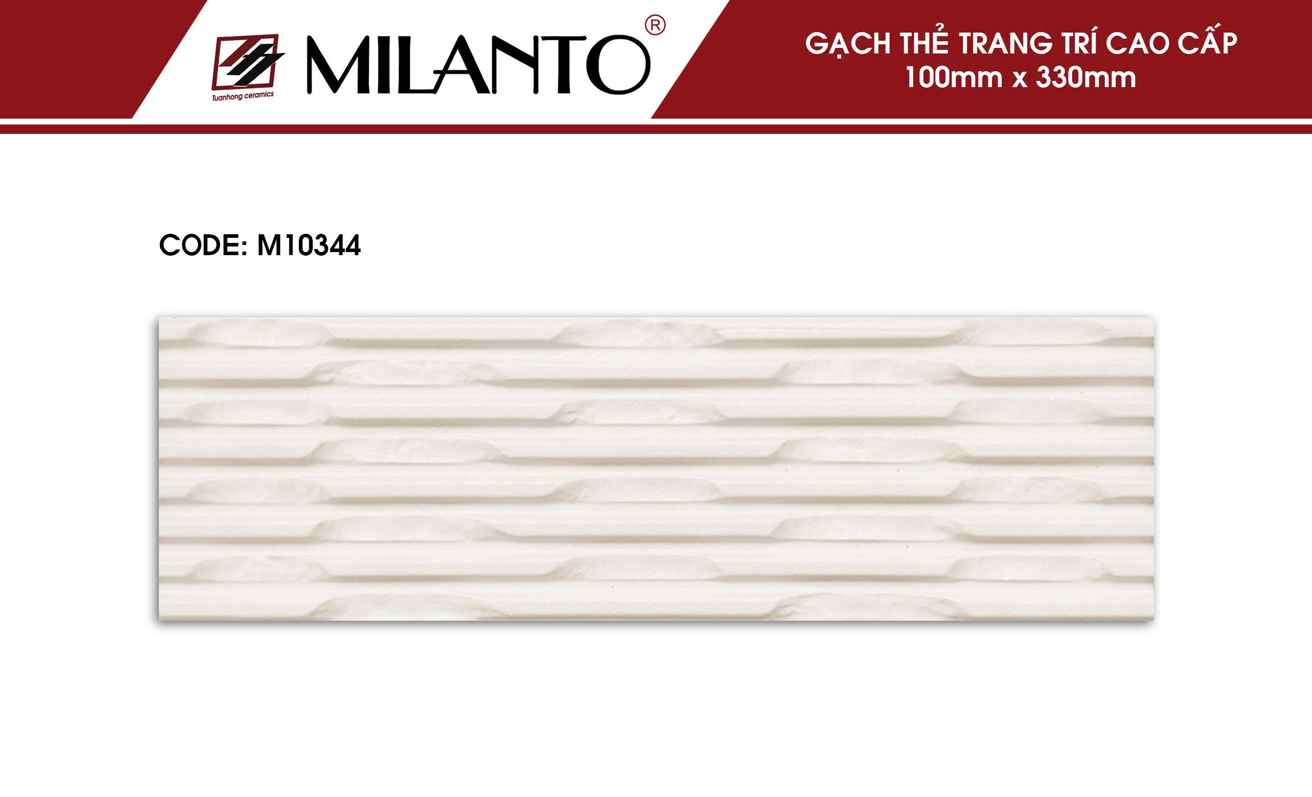 Gạch thẻ trang trí M10344 xương ceramic, bề mặt định hình, đường nét nổi rõ, tông trắng kem tinh tế, sản xuất tại nhà máy DACERA